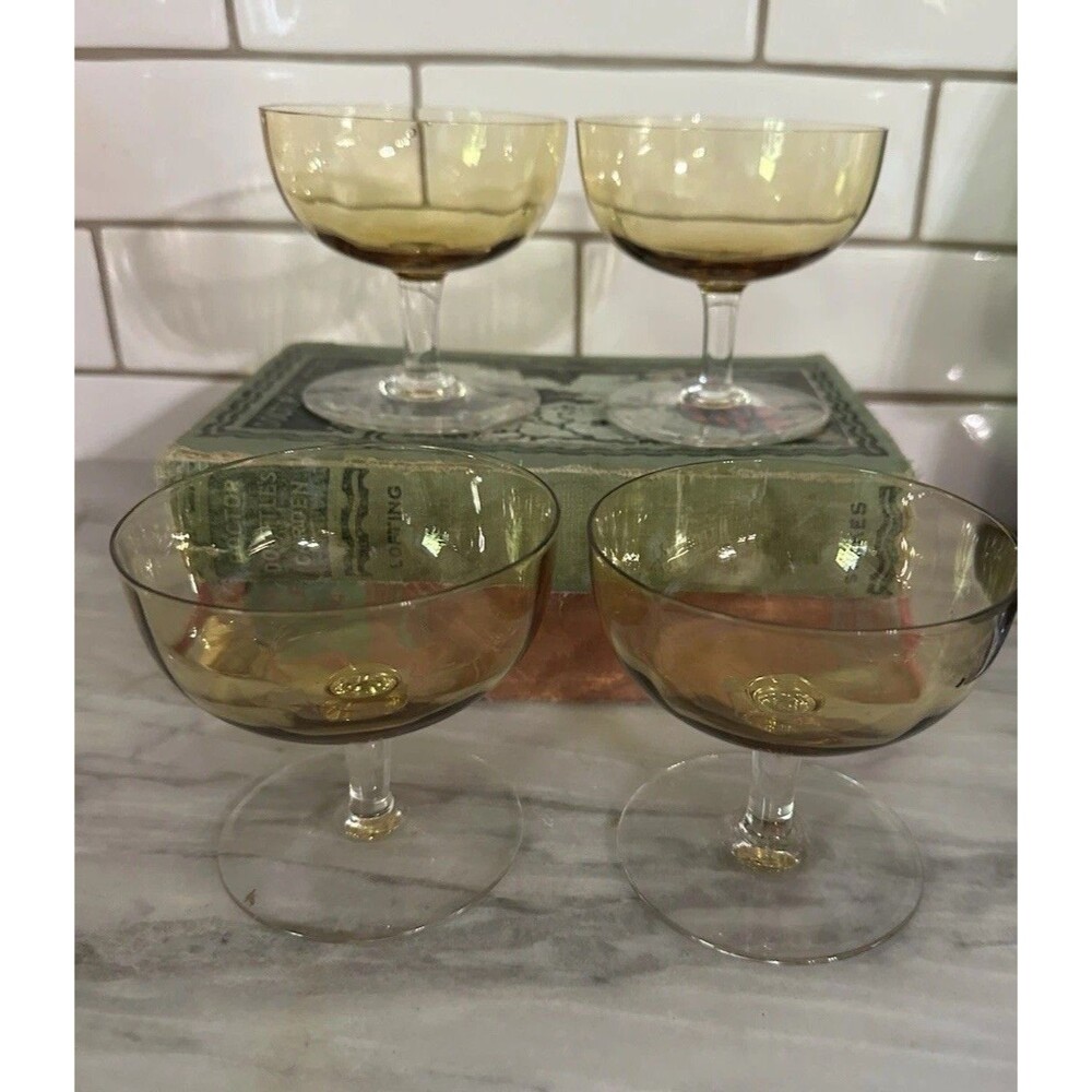 4 Antique Handblown Amber Crystal Clear Stem Parfait Champagne Glasses Goblets